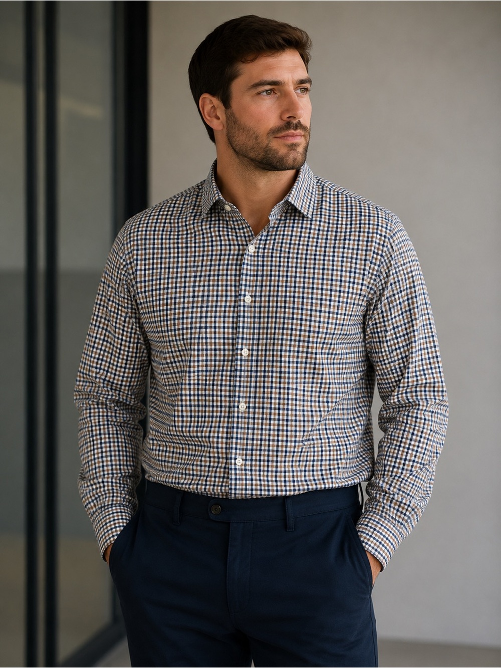 Lauren Ralph Lauren Navy and Brown Micro Gingham Button-Down Shirt
